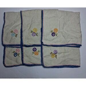 6 Vintage Embroidered Linen Napkins Crochet Trim Floral Handwork